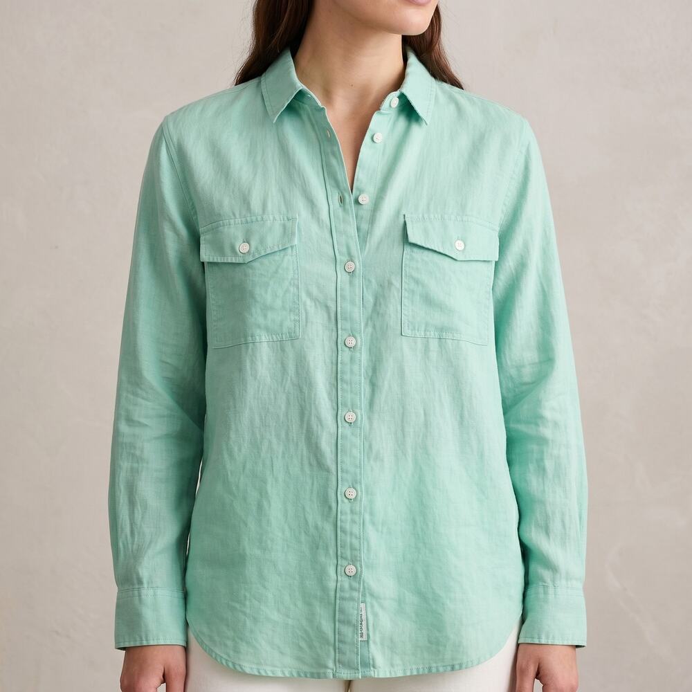 J. Crew Women's Green Linen Blend Button Down Shirt Coastal Grandma Pockets 10